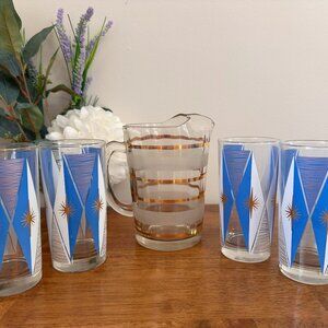 Vintage Libbey Atomic Burst Highball Glasses with Gold Striped Pitcher – Midcent